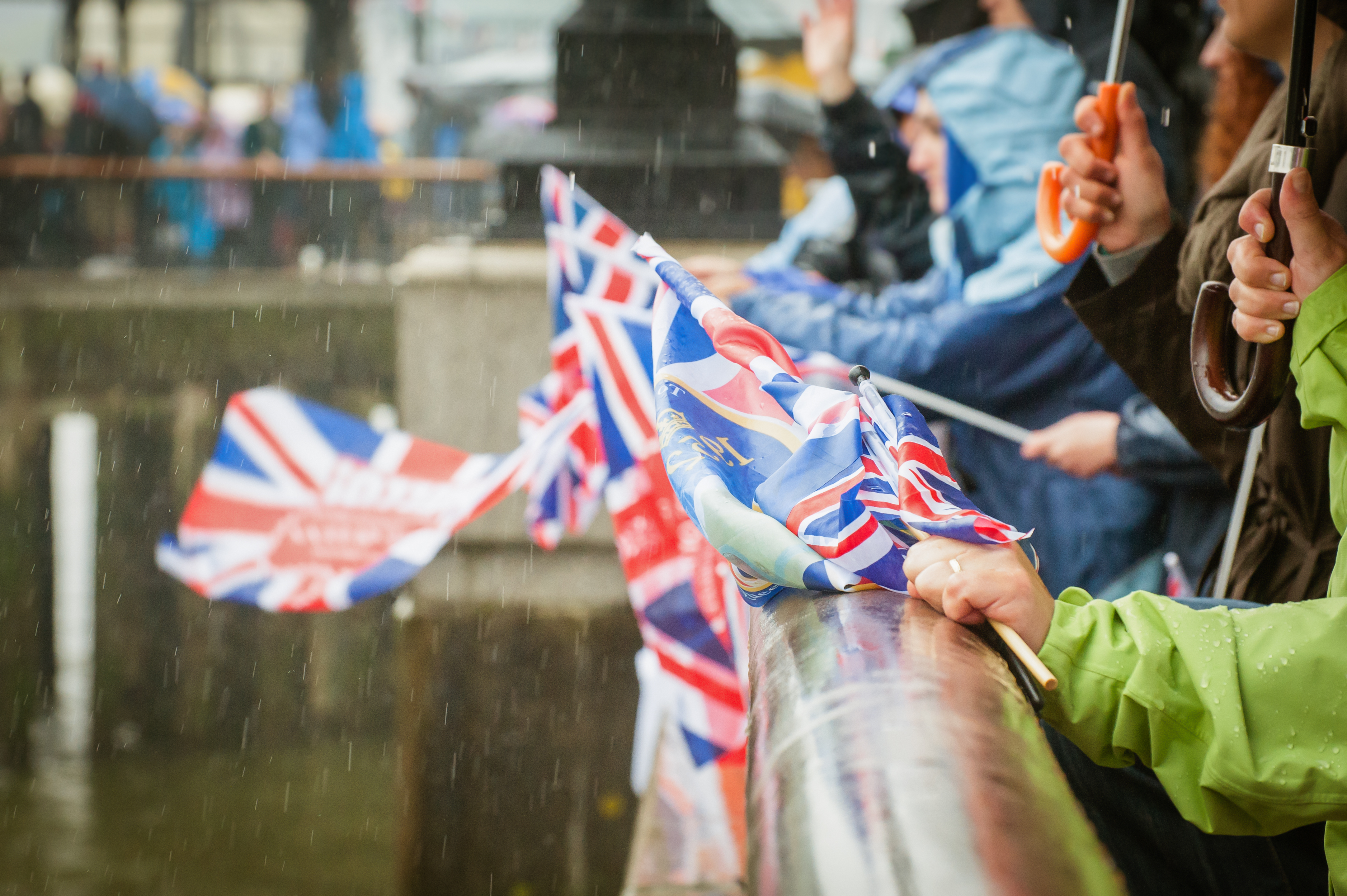 Union Jack flags in the rain