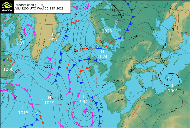 Surface pressure chart showing pressure and weather fronts for Europe and the North East Atlantic