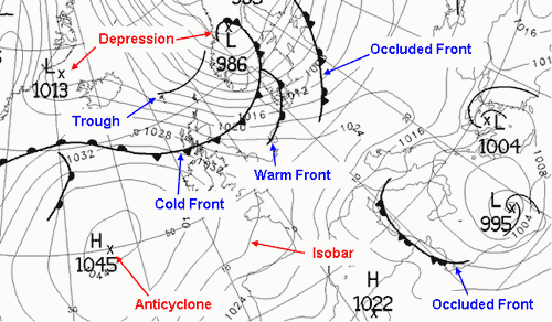 Identification of weather systems, isobars and fronts