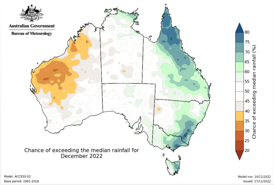 Forecast rainfall anomaly map from the Australian Bureau of Meteorology for the month of December 2022