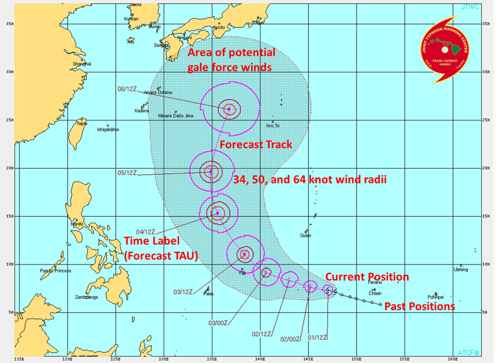 GIS layers indicate the forecast track, winds, and positioning of a typhoon. (Image source: U.S. Navy Joint Typhoon Warning Center)