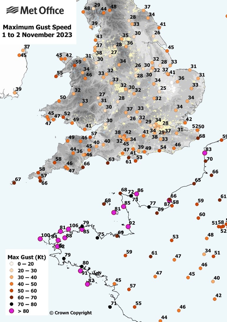 Maximum gust speeds (Kt) across the southern half of the UK and northern France 1–2 November 2023. The grey shades over the UK show underlying topography.