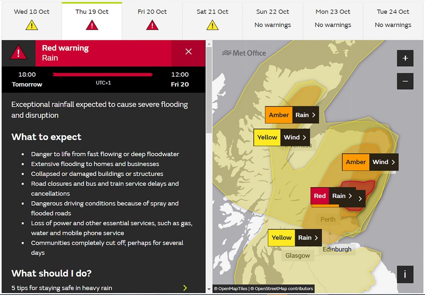 Met Office red warning for rain issued for parts of eastern Scotland for 1800 BST Thursday 19 October to 1200 BST Friday 20 October 2023. The map also shows amber and yellow warning areas for both rain and wind.