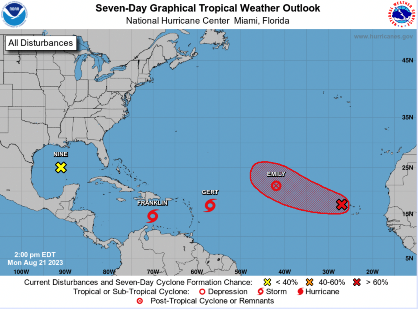 ©NOAA National Hurricane Center’s seven-day tropical weather outlook issued on 21 August 2023