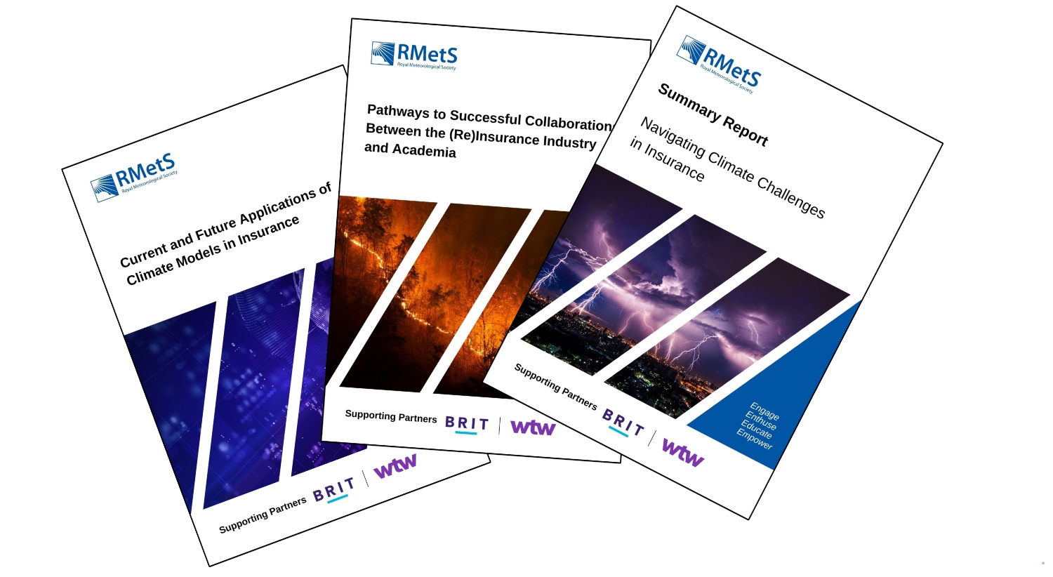 A spread of three RMetS insurance reports with blue and orange covers
