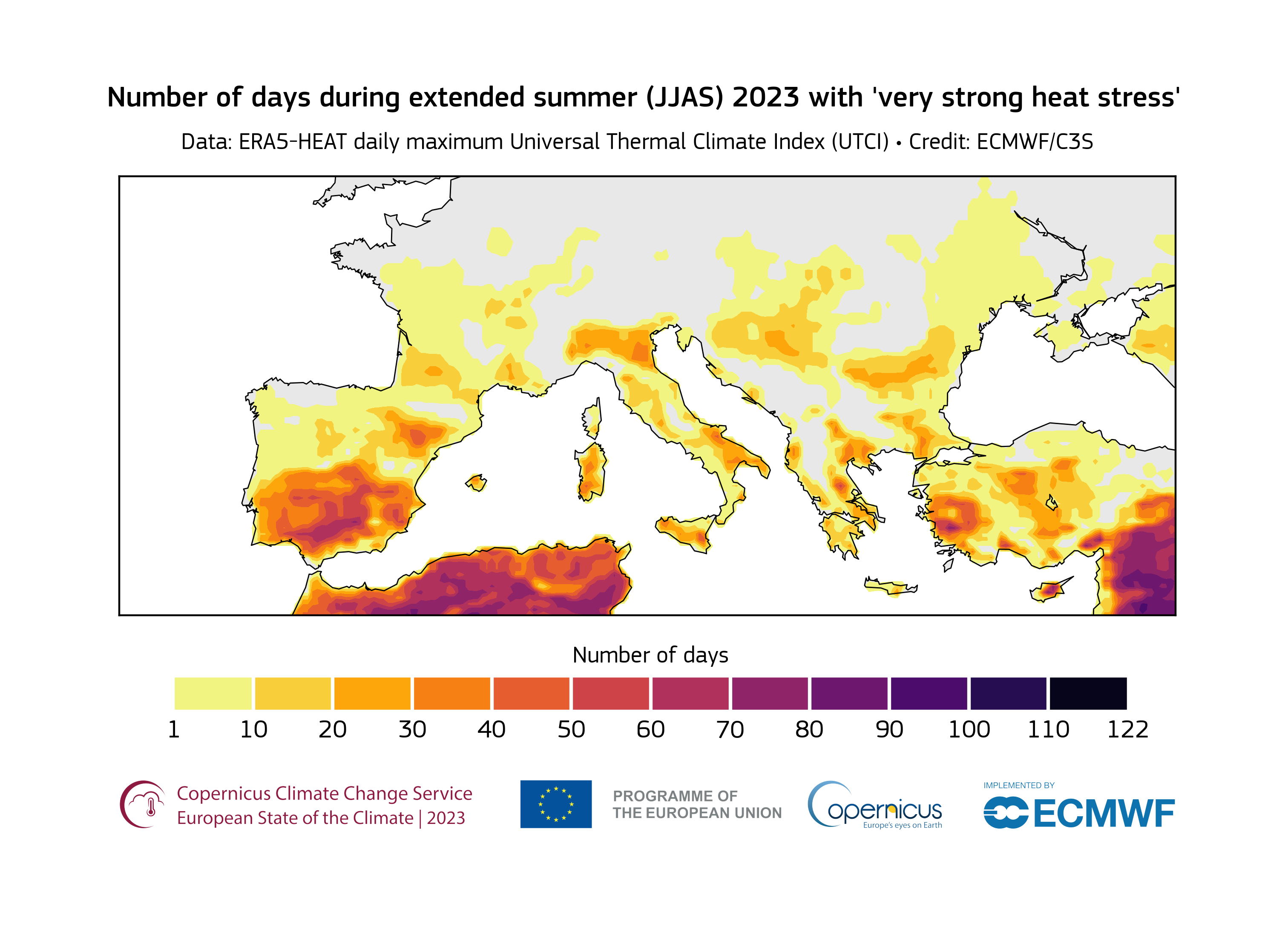 Number of days during summer 2023 with very strong heat stress
