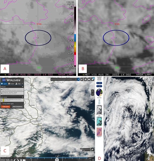 Screenshots of images provided by NASA for satellite-match for observation reported to GLOBE Observer: Clouds on 26 August 2022 on board Pelican of London