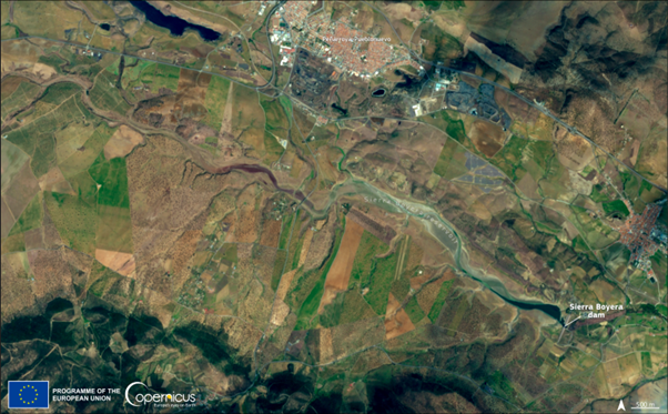 Credit: European Union, Copernicus Sentinel-3 imagery captured on 1st April 2023 shows the Sierra Boyera reservoir in the Cordoba province of Andalusia completely empty.