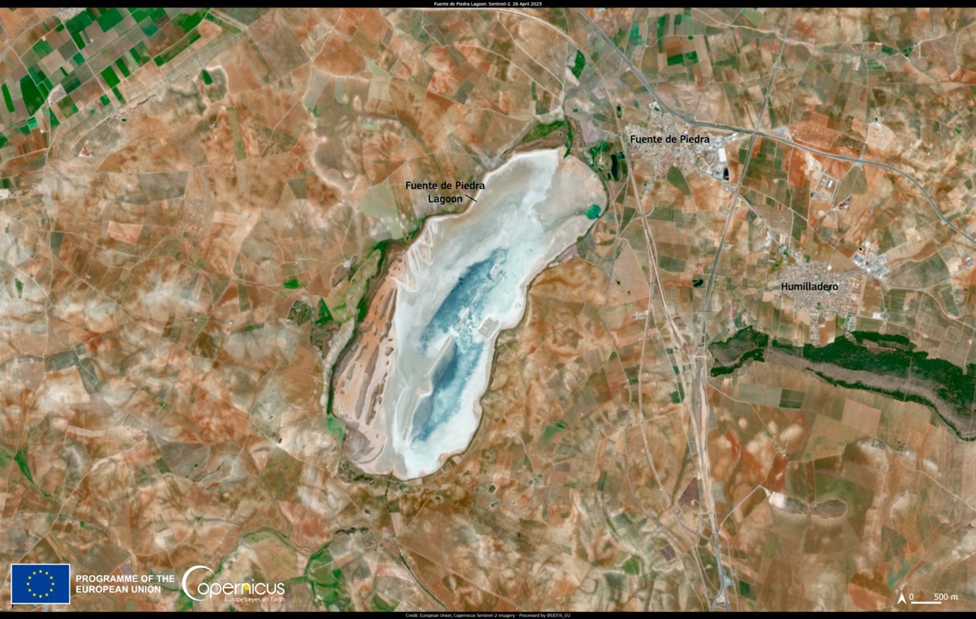 European Union, Copernicus Sentinel-2 imagery taken on 26 April 2023 shows that Fuente de Piedra, a famous lake in Andalusia, is completely dry