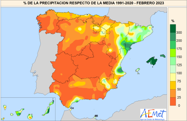 Credit: AEMet map showing rainfall totals for February 2023 compared with average.