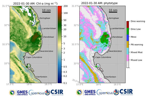 Derived information from Sentinel-3 OLCI ocean colour including chlorophyll-a concentration, and types of phytoplankton