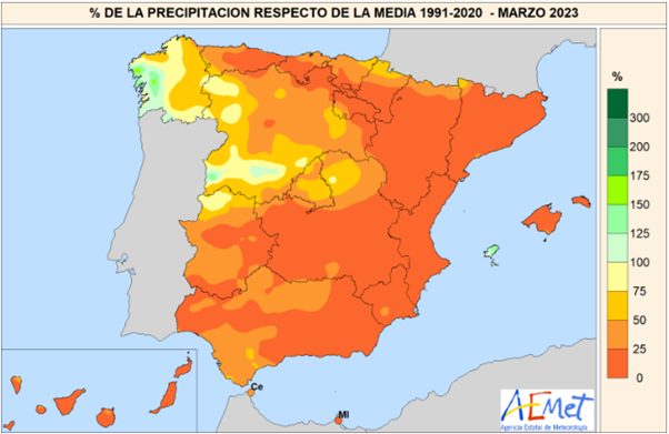 Credit: AEMet map showing rainfall totals for March 2023 compared with average.