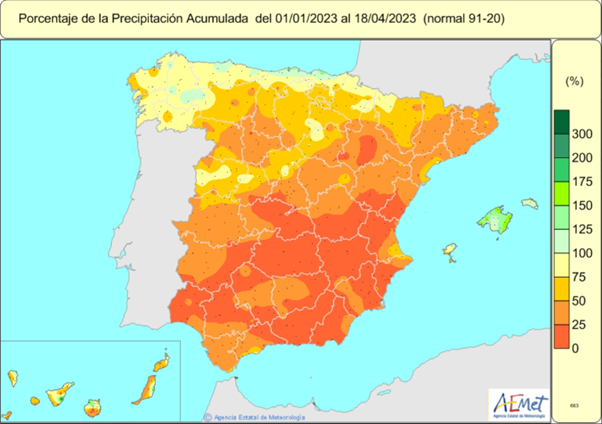 AEMet map showing rainfall totals for period 1st January to 18th April 2023 compared with average.