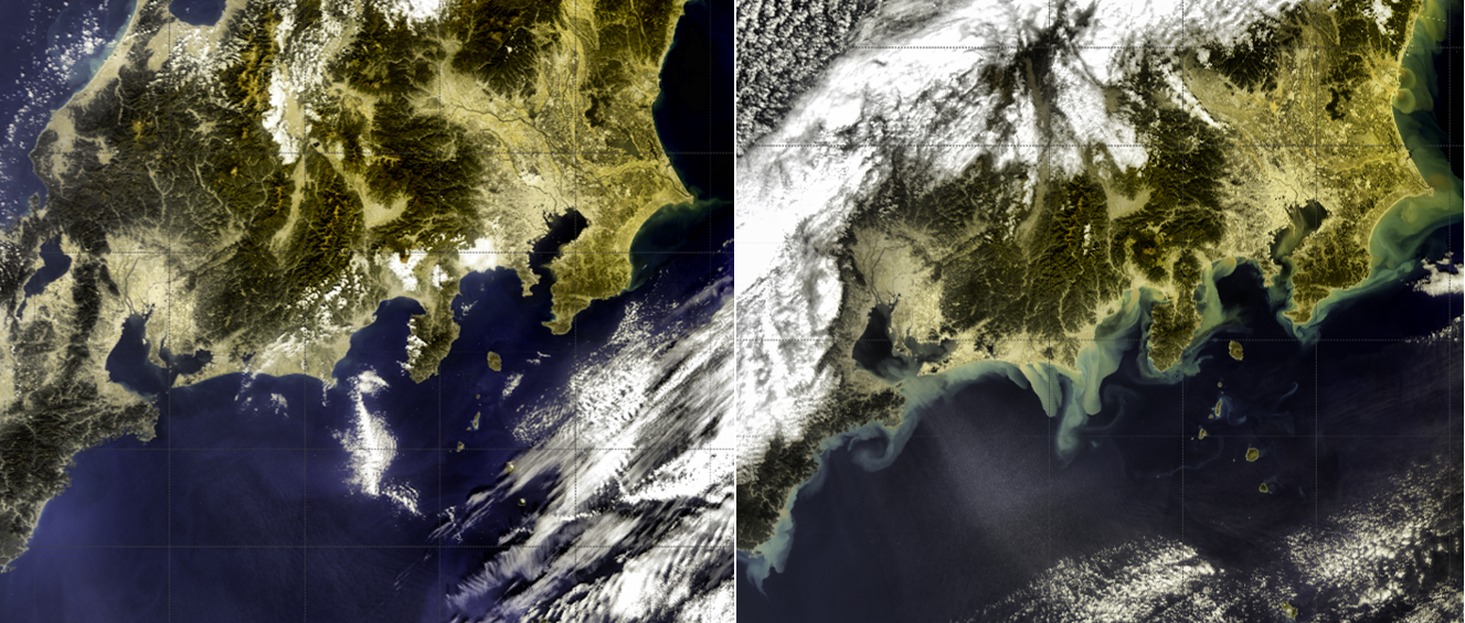 Before (left) and after (right) true colour images from Sentinel-3 OLCI showing the impacts of Typhoon Hagibis on coastal sediments.