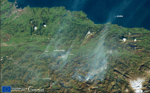 European Union, Copernicus Sentinel-2 imagery taken on 30th March 2023 showing smoke clouds generated by fires southeast of Gijón