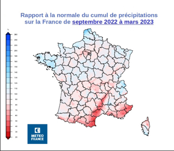 Meteo France map showing whether the rainfall totals for France during the period September 2022 and March 2023 were above or below average