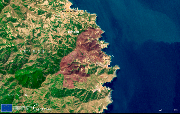 European Union, Copernicus Sentinel-2 imagery taken on 17 April 2023 showing the burn scar from the wildfire that broke out on 16 April 2023 in the hills between Cerbère and Banyuls-sur-Mer in the Pyrénées-Orientales region of France and crossed the Spanish border