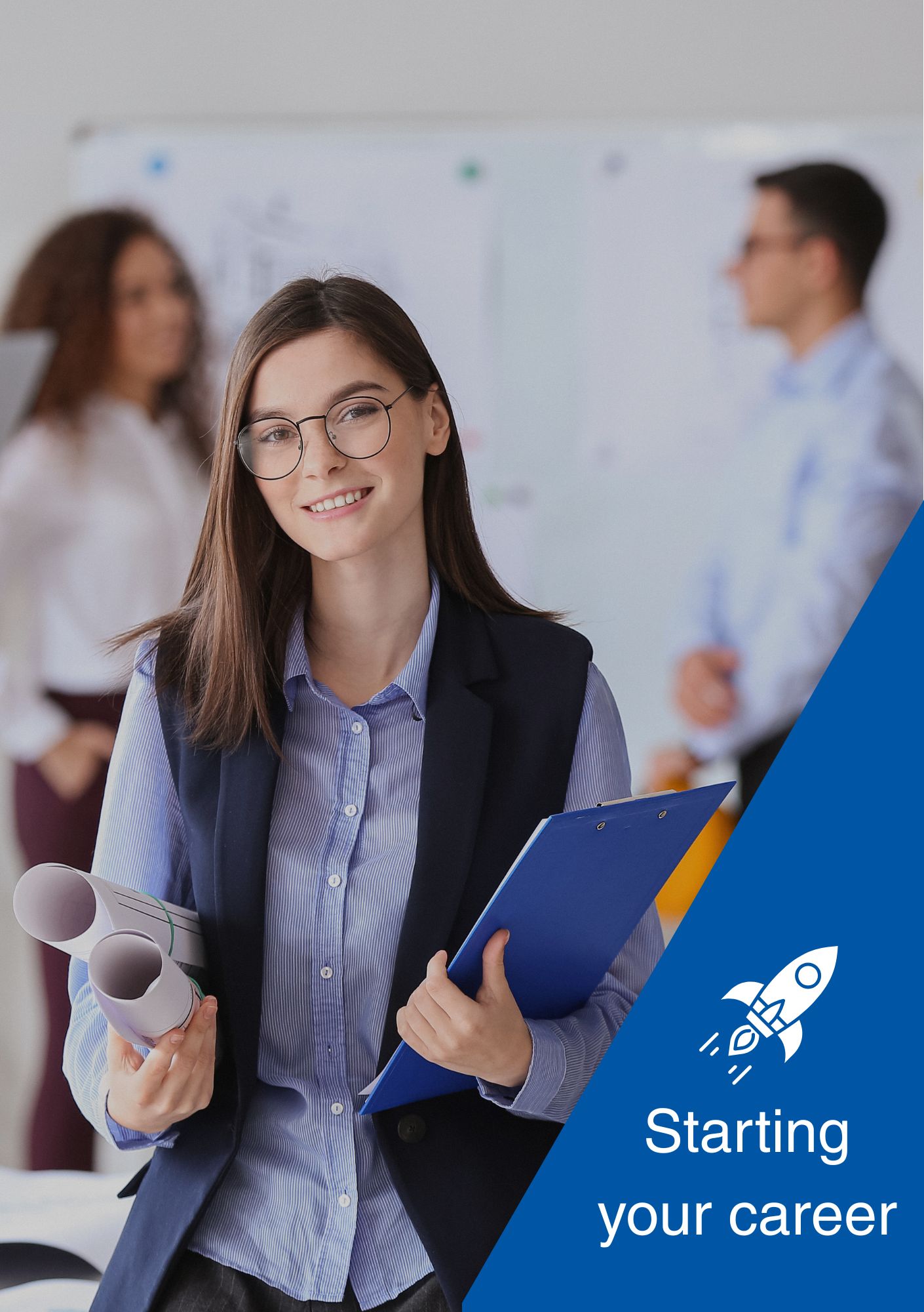 A young woman hold a clip board and some rolled up posters