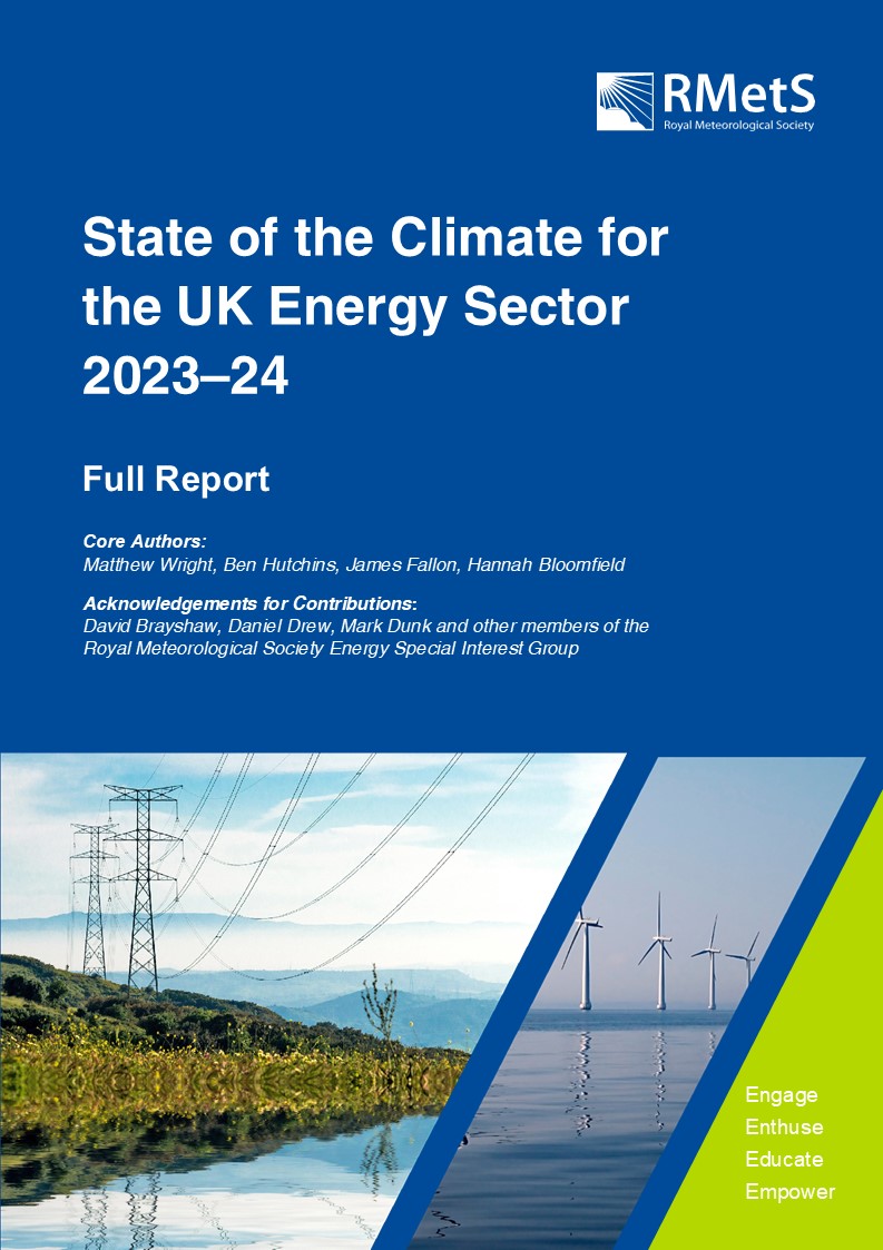 RMetS report front cover with blue background and white writing and pictures of windmills and pylons