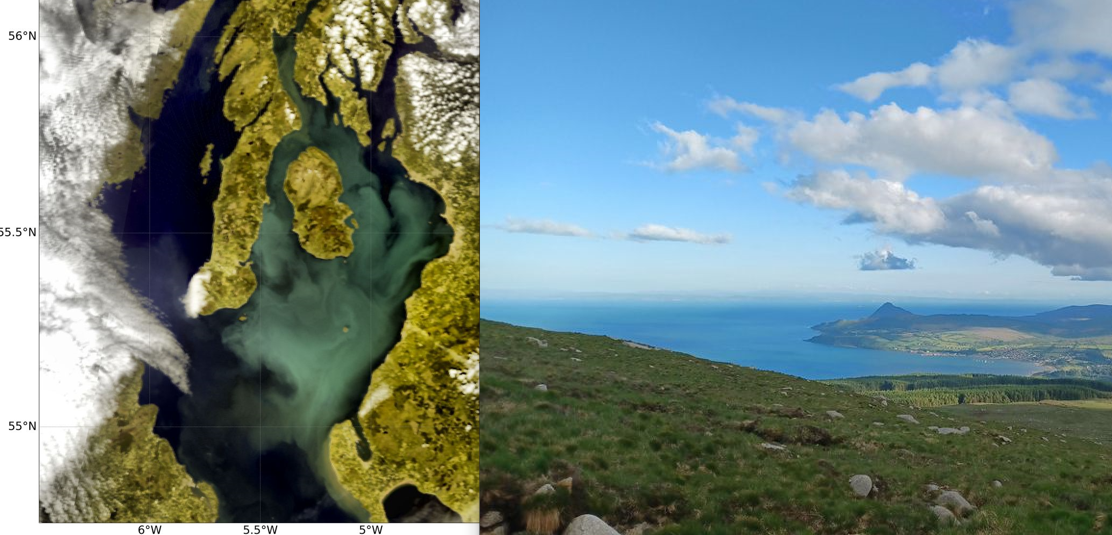 Unusual blue waters around Scotland's Isle of Arran were photographed and reported by Lucy Wallace. Checking satellite imagery supported the identification of the bloom as a type of coccolithophore, which was later confirmed by in situ samples.