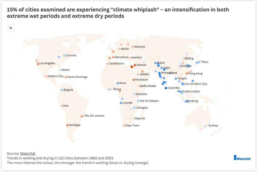 Trends in wetting and drying in 112 cities between 1982 and 2023