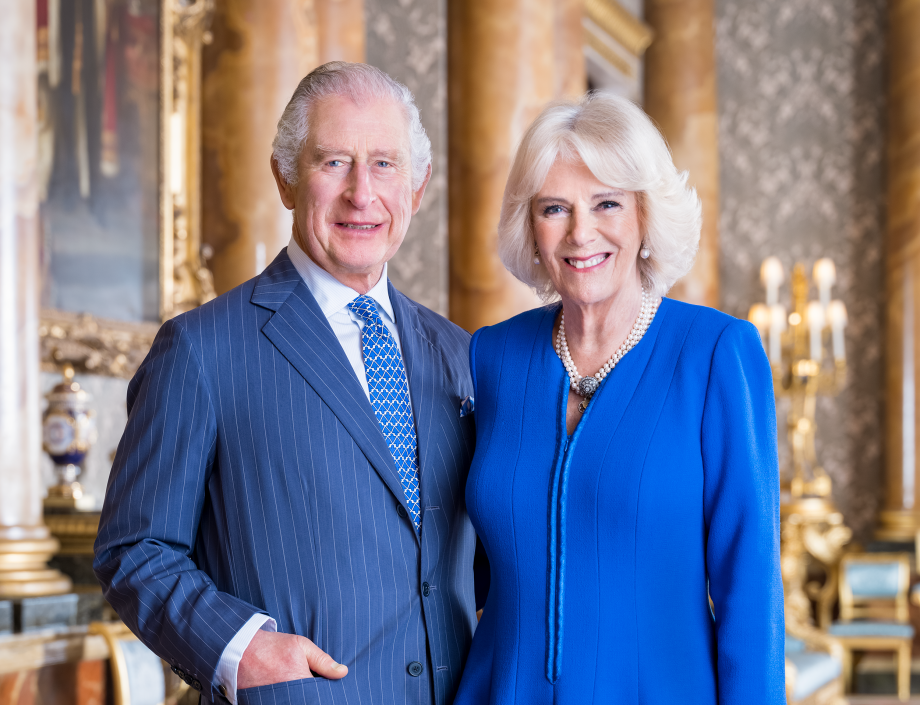 Their Majesties The King and The Queen Consort, taken in the Blue Drawing Room at Buckingham Palace in March 2023 by the photographer Hugo Burnand