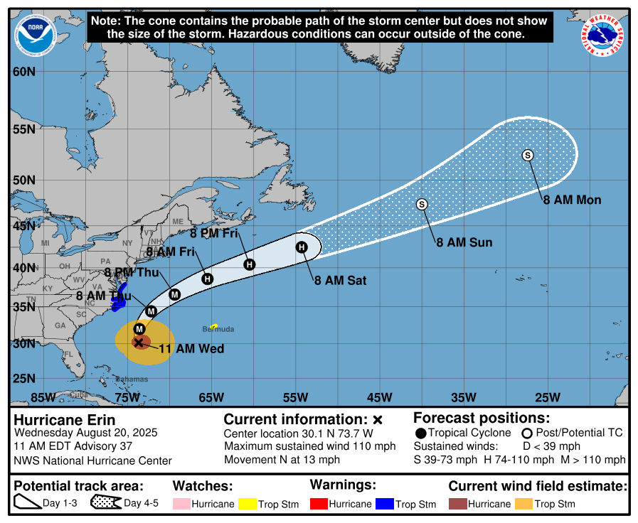 Forecast cone for track of Hurricane Erin © NOAA