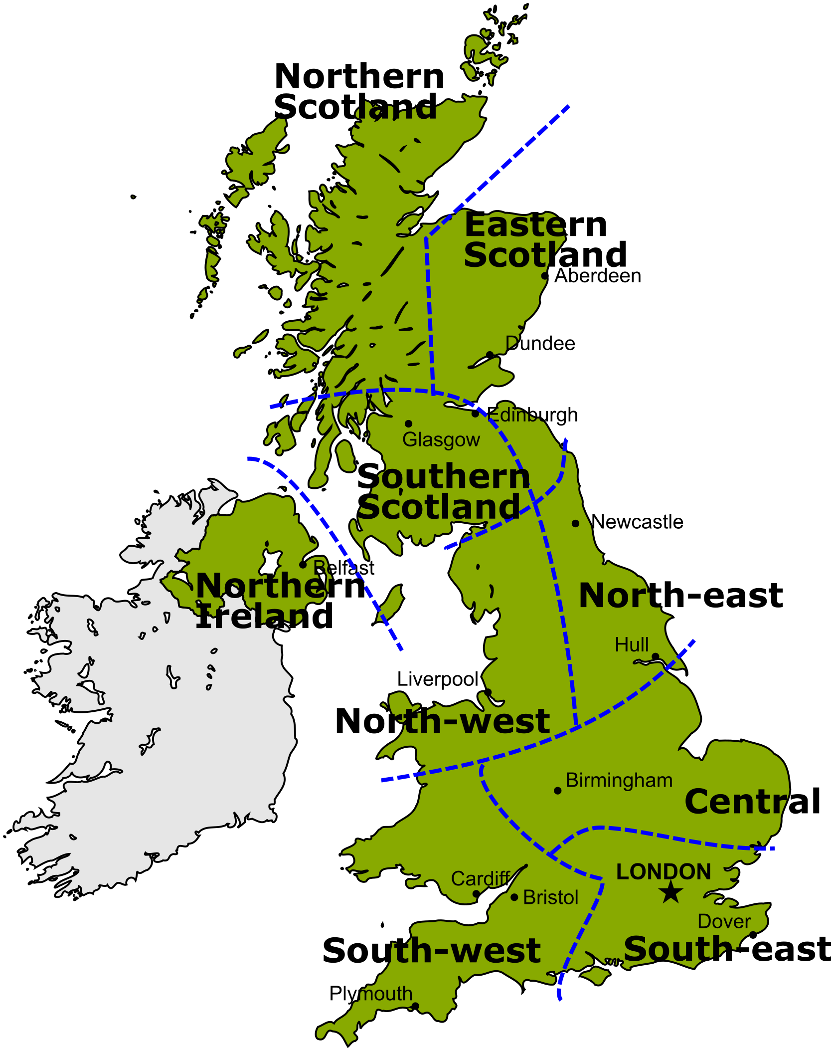 Map of the UK showing the approximate delineations of the Met Office weather regions