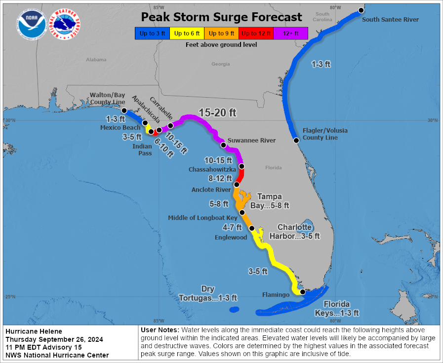 Peak Storm Surge Forecast for Hurricane Helene © NHC Storm Surge