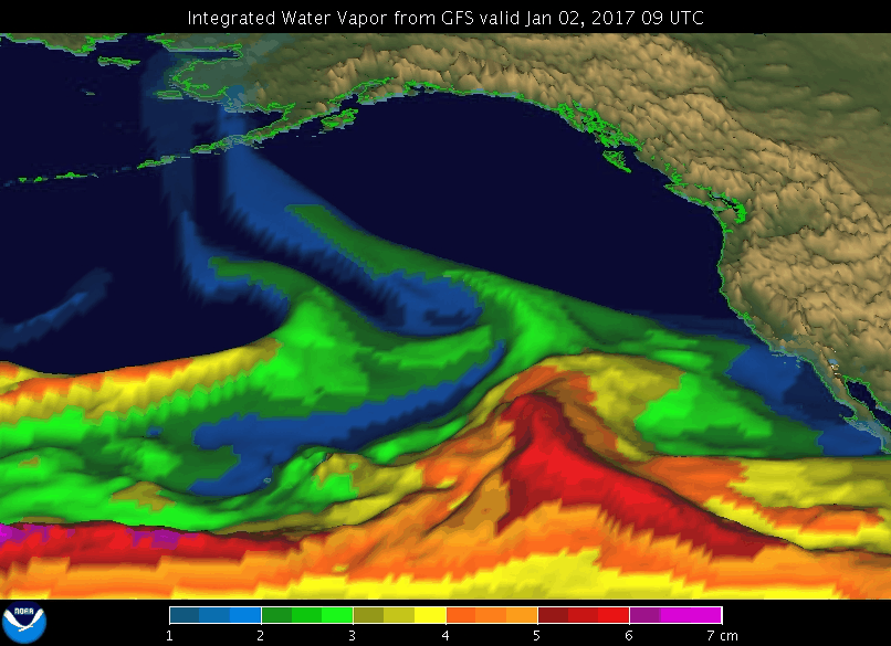 This animation from NOAA's Earth System Research Laboratory shows an atmospheric river event in January 2017. Atmospheric rivers are relatively narrow regions in the atmosphere that are responsible for most of the horizontal transport of water vapor outside of the tropics