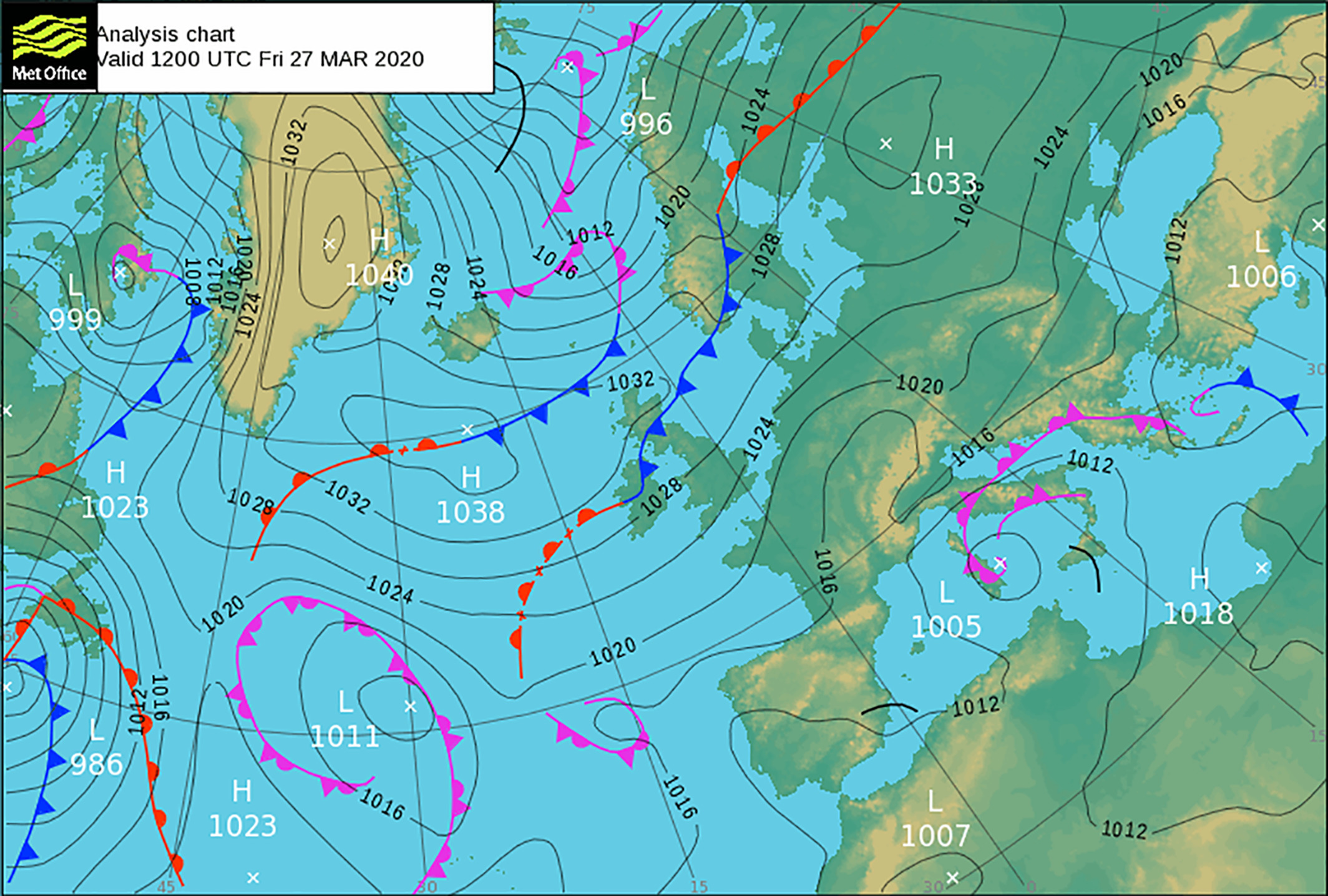Met Office North Atlantic analysis chart for 1200 GMT 27 March 2020 (Courtesy Met Office: Crown Copyright)
