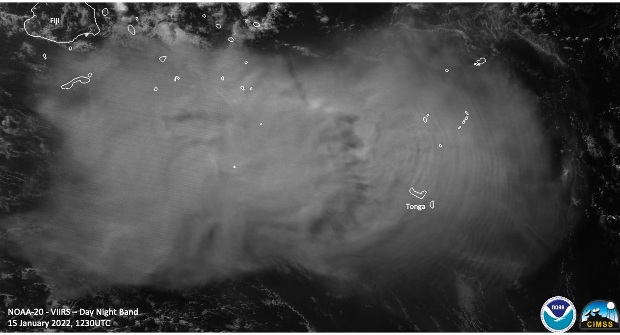 Satellite image of eruption's ash cloud illuminated by moonlight