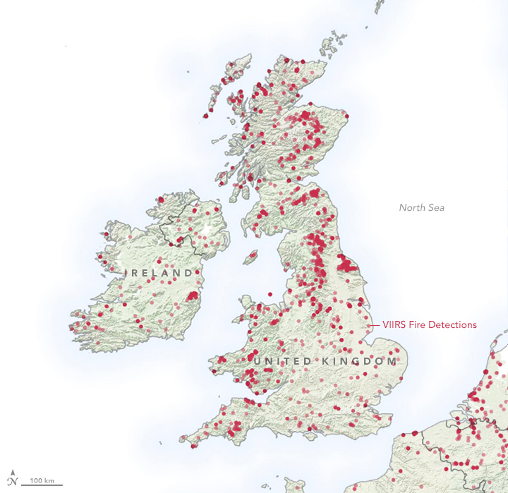 Map of wildfires across the UK