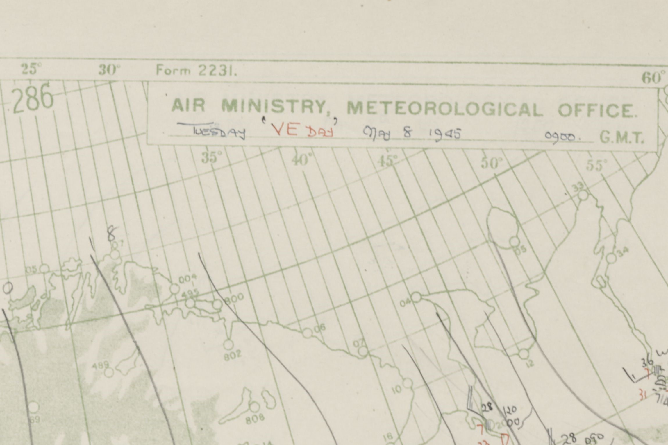 VE day inked on a weather chart