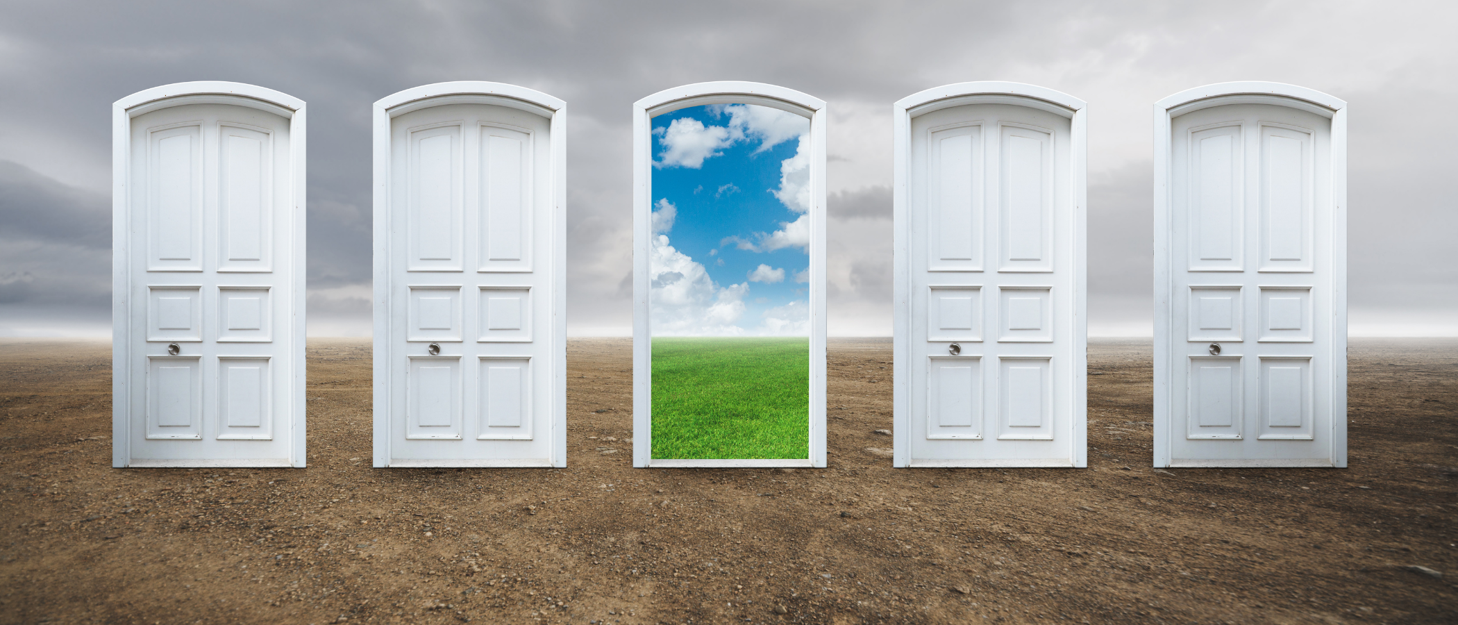 doors on a dry cloudy field, the middle door is open to show a green field and blue skies