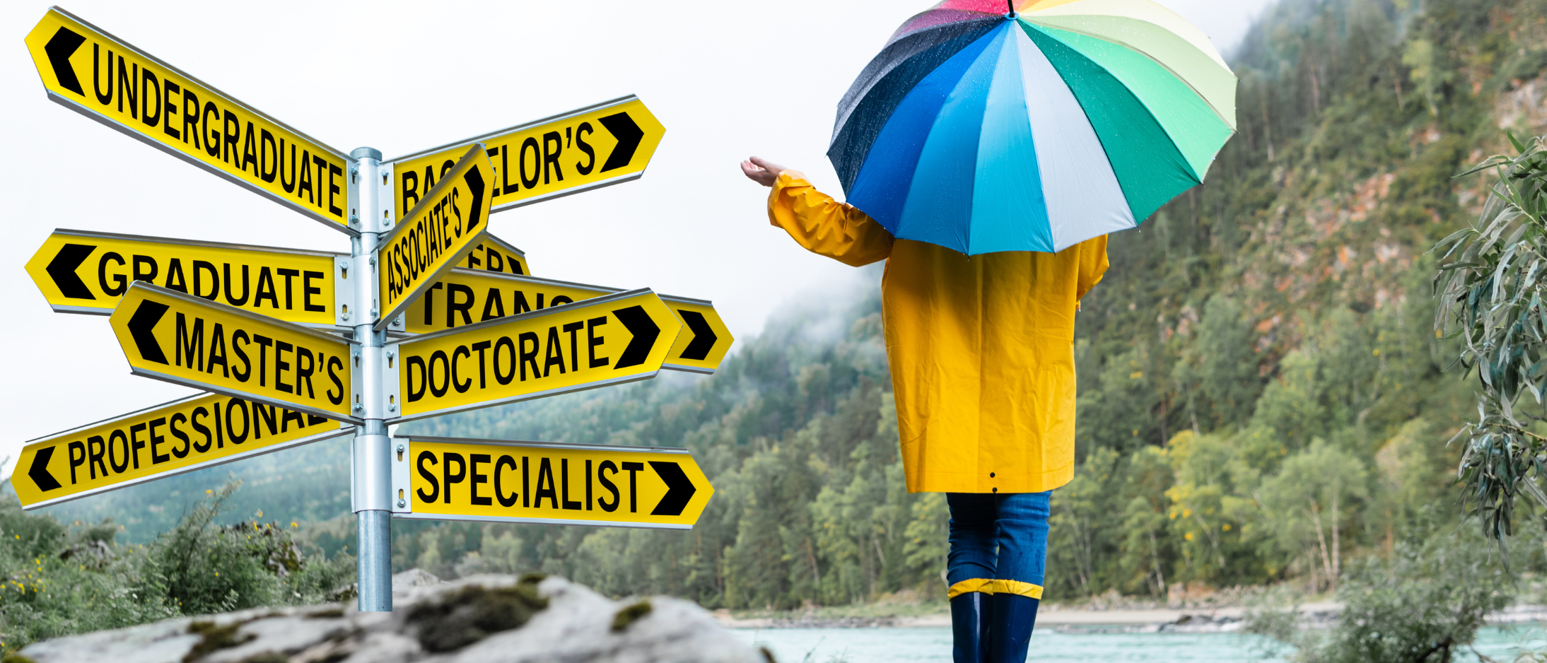 the back of a person in rain clothes with an umbrella and a signpost with different levels of education/study and careers