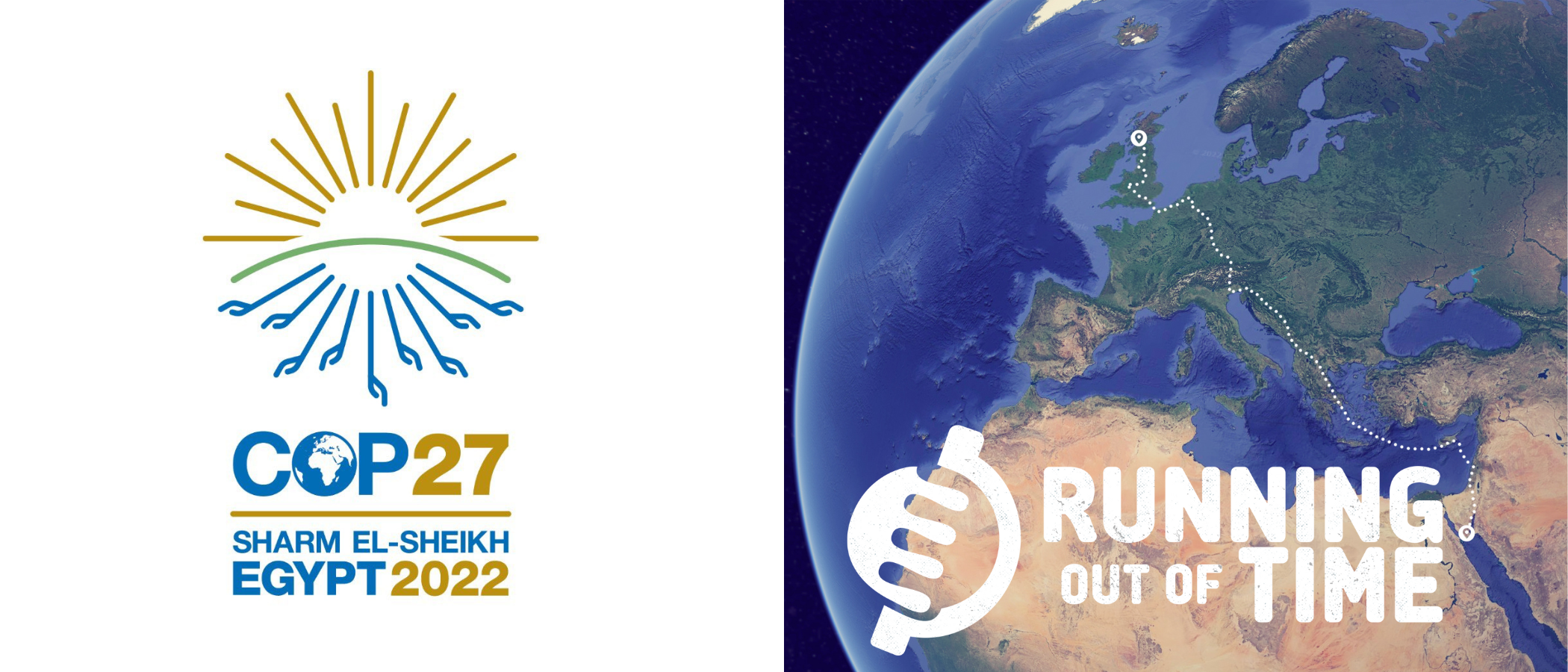 COP27 logo and the relay baton route on a globe with the Running out of Time logo