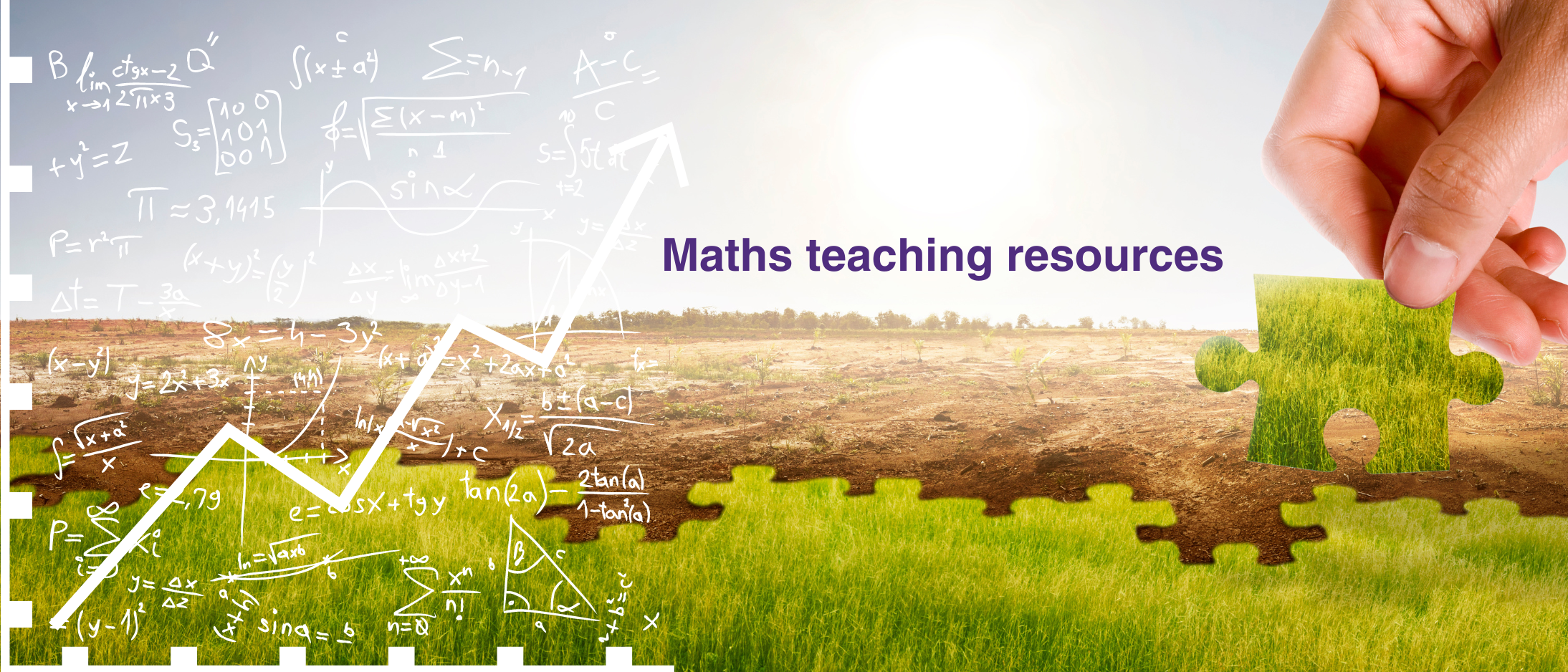 Green land moving into drought with jigsaw pieces and maths symbols overlaying. Copy says Maths Teaching Resources