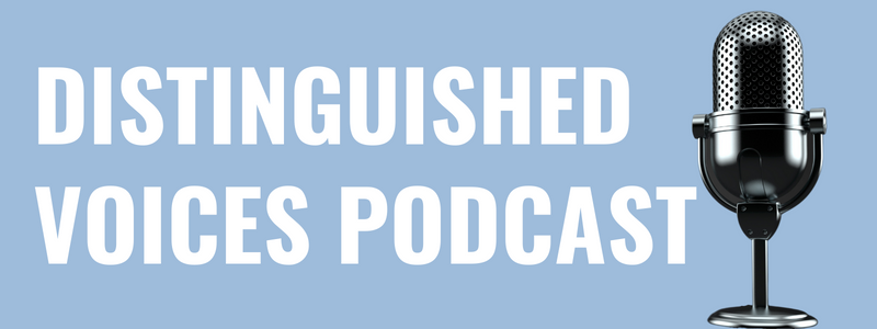 An old fashioned radio style microphone with the text reading Distinguished Voices Podcast