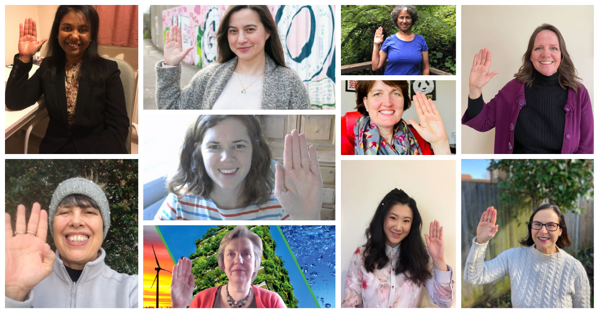 collage of women supporting the RMetS International Women's Day posts, with one hand raised in the 'choose to challenge' pose