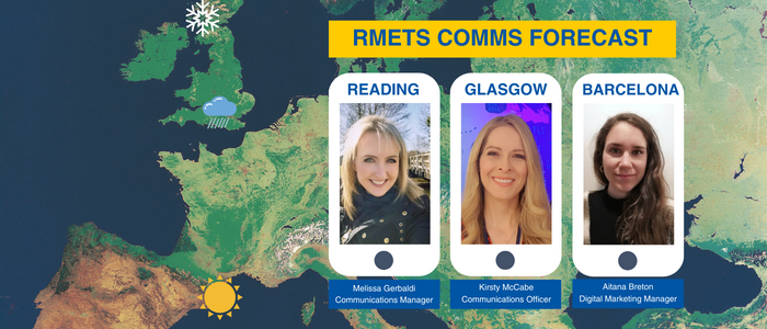 A world map with the three team members, Melissa Gerbaldi, Kirsty McCabe and Aitana Breton depicted like a mobile phone weather forecast