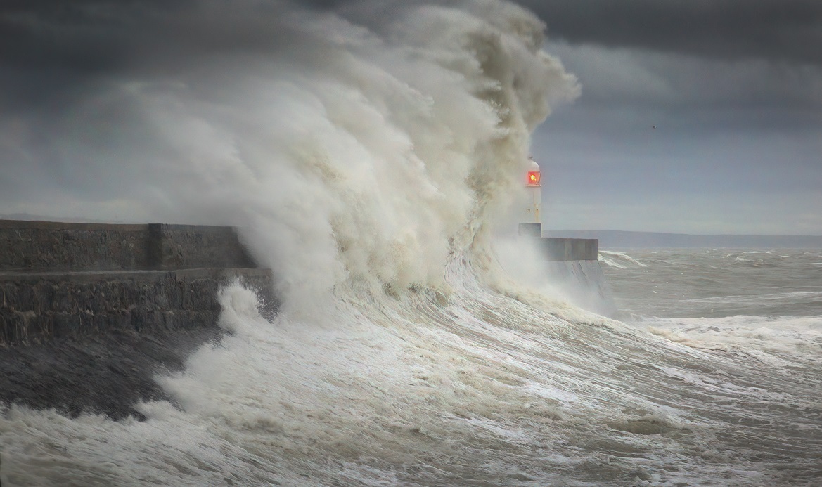 Storm Ciara hits Porthcawl lighthouse in South Wales, UK