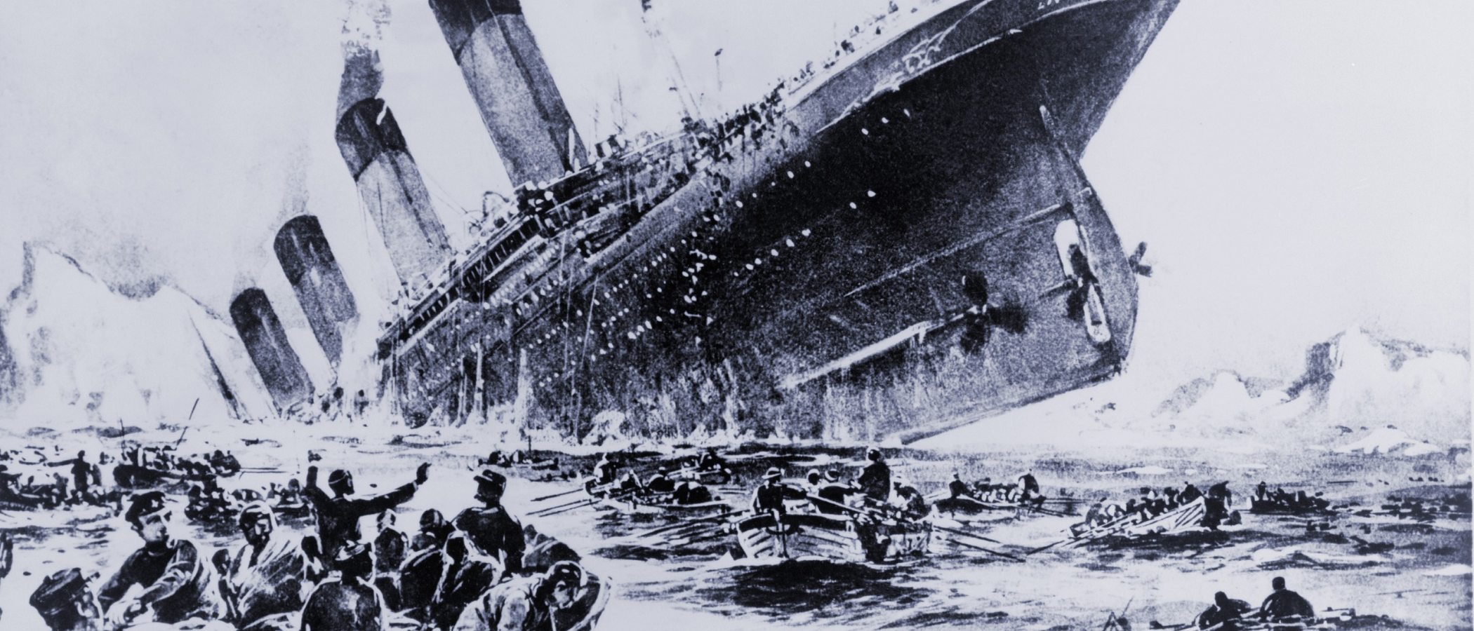 illustration of the Titanic sinking surrounded by lifeboats