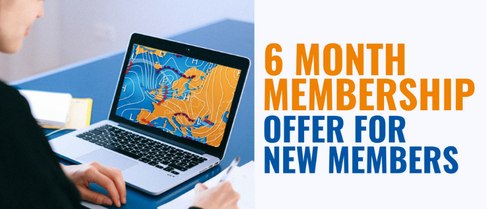 hands on a laptop showing a European weather map with 6 month membership offer wording