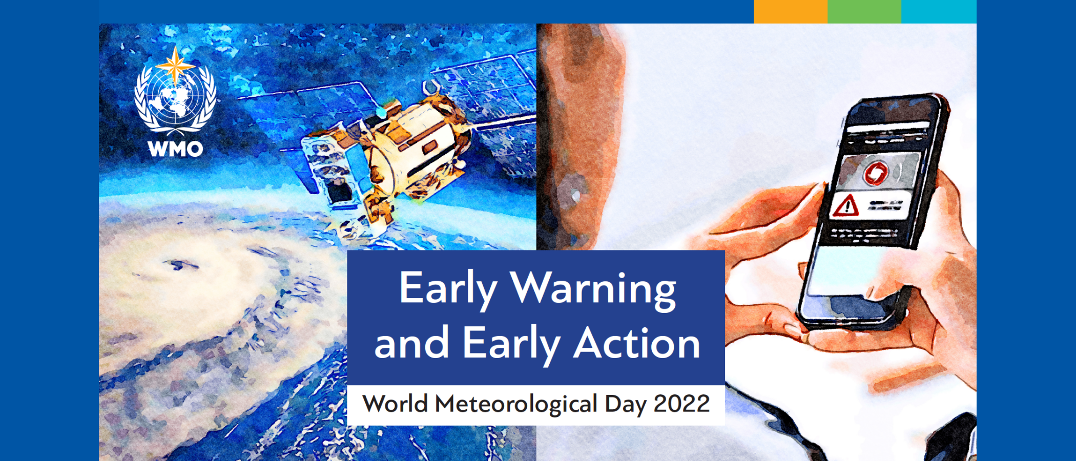 Early Warning and Early Action, a satellite over Earth and a mobile phone weather warning app