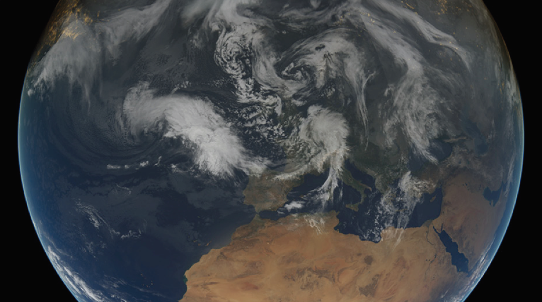 This composite image shows the weather situation over Europe at 12:00 UTC on 13 February 2014. The image is composed of infrared imagery from the geostationary satellites of EUMETSAT and NOAA, overlaid on NASA’s Blue Marble land imagery.