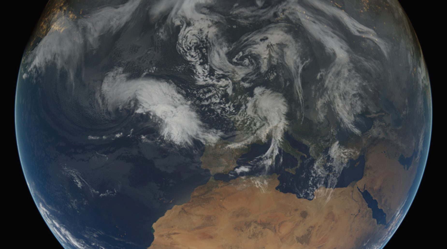 This composite image shows the weather situation over Europe at 12:00 UTC on 13 February 2014. The image is composed of infrared imagery from the geostationary satellites of EUMETSAT and NOAA, overlaid on NASA’s Blue Marble land imagery. This composite image shows the weather situation over Europe at 12:00 UTC on 13 February 2014. The image is composed of infrared imagery from the geostationary satellites of EUMETSAT and NOAA, overlaid on NASA’s Blue Marble land imagery.