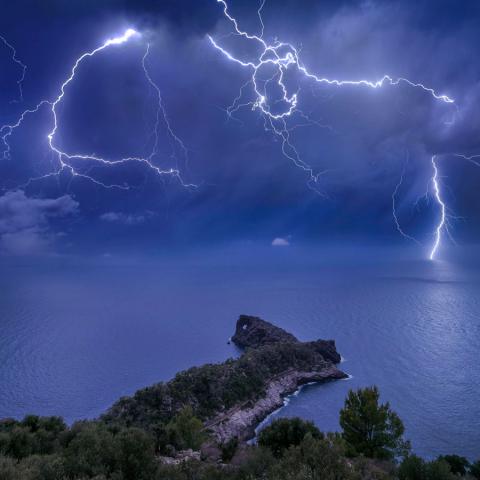 Lightning over Sa Foradada in Mallorca, Spain