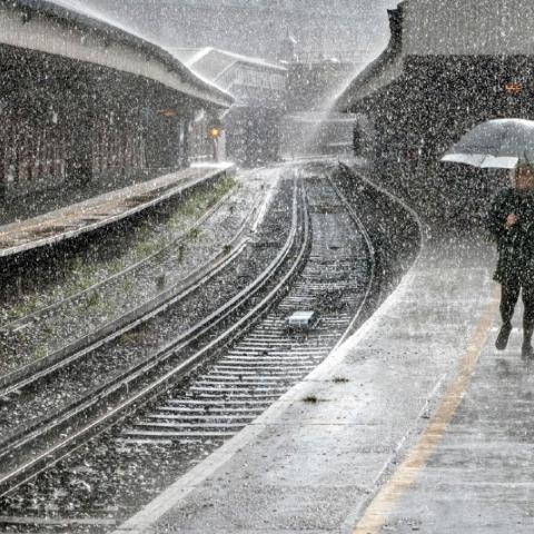 Waterloo Station in London with the rain pouring down