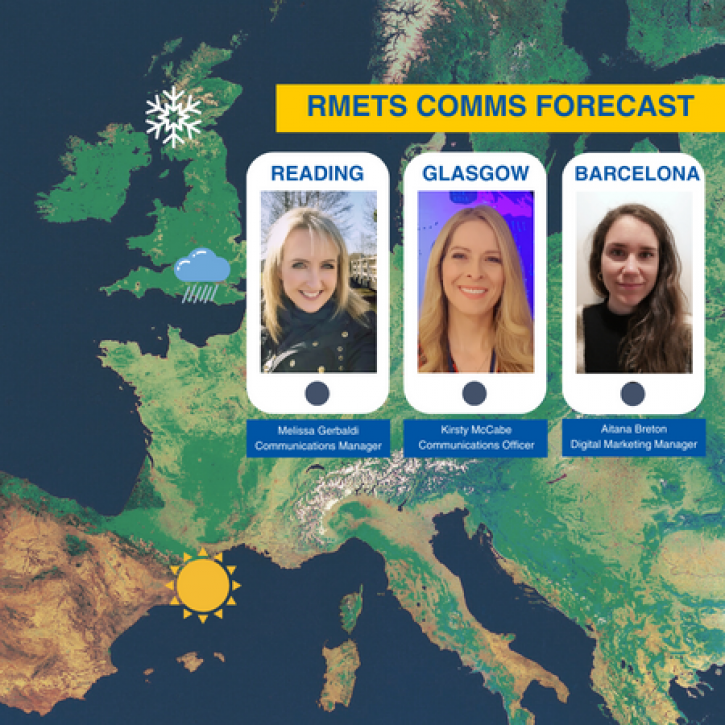 A world map with the three team members, Melissa Gerbaldi, Kirsty McCabe and Aitana Breton depicted like a mobile phone weather forecast